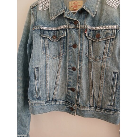 Levis Womens M Jean Jacket Custom Rhinestone Fringe Retro Western Festival Boho - Picture 3 of 8